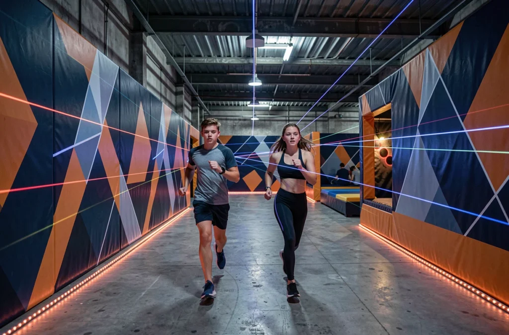Adolescents en train de traverser un labyrinthe laser dans le parc d'aventures Koezio à Villeneuve-d'Ascq
