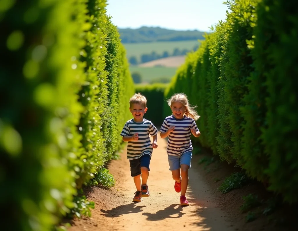 Deux enfants courant dans les allées du labyrinthe de haies de Merville