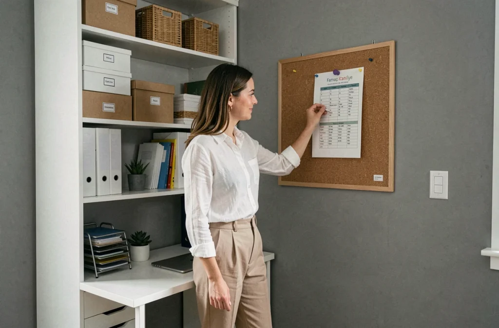 Maman affichant un planning familial dans un bureau à domicile bien organisé avec étagères et boîtes de rangement