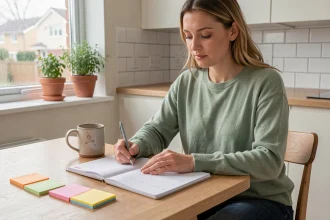 Maman organisée planifiant la semaine dans sa cuisine avec un agenda et des notes colorées