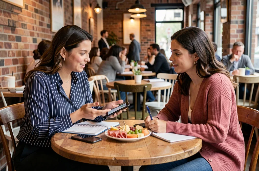Deux mamans échangeant des conseils d'organisation dans un café avec agendas et applications mobiles