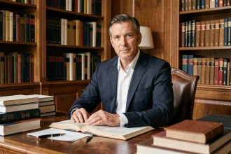Homme en costume sombre assis à un bureau en bois dans un bureau parisien élégant rempli de livres