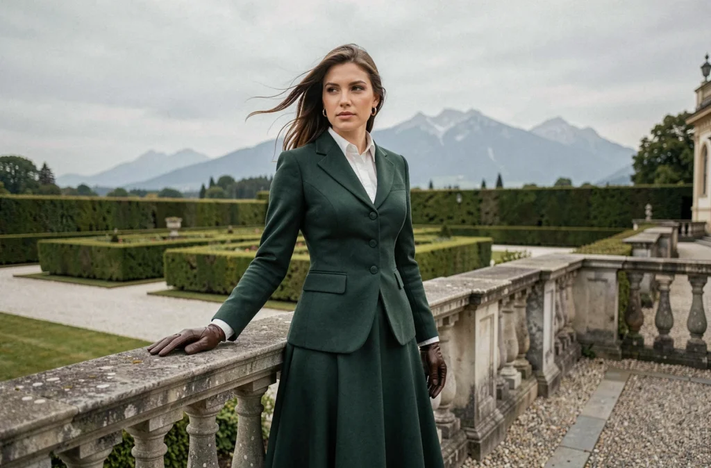 Femme de la noblesse autrichienne en tenue d'équitation devant un domaine impérial avec jardins et montagnes, illustrant le destin de Marie Valérie archiduchesse d'Autriche