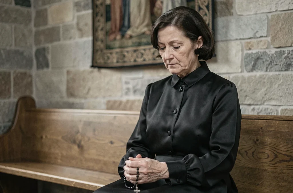 Femme noble en deuil méditant dans une chapelle privée autrichienne, symbolisant les épreuves et le basculement de la vie de Marie Valérie fille de l'impératrice Sissi