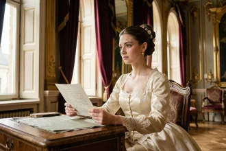Jeune femme aristocratique en robe de soie du XIXe siècle écrivant une lettre dans un palais impérial de style habsbourgeois, évoquant la vie de Marie Valérie fille de Sissi