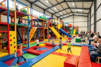 Vue panoramique d'une aire de jeux couverte dans les Hauts-de-France avec structures colorées et familles en plein amusement