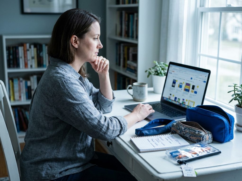 Mère organisant son budget fournitures scolaires devant un ordinateur portable avec plusieurs trousses étalées sur son bureau