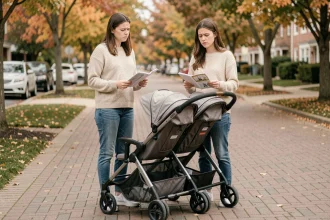 Jeune mère confuse consultant le manuel d'une triple poussette sur un trottoir de banlieue en automne