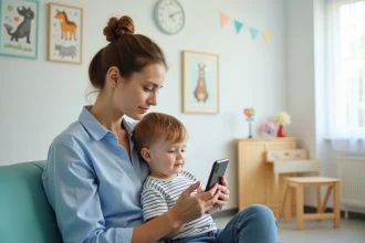 Mère préparant ses questions sur son téléphone dans une salle d'attente pédiatrique avec son jeune enfant