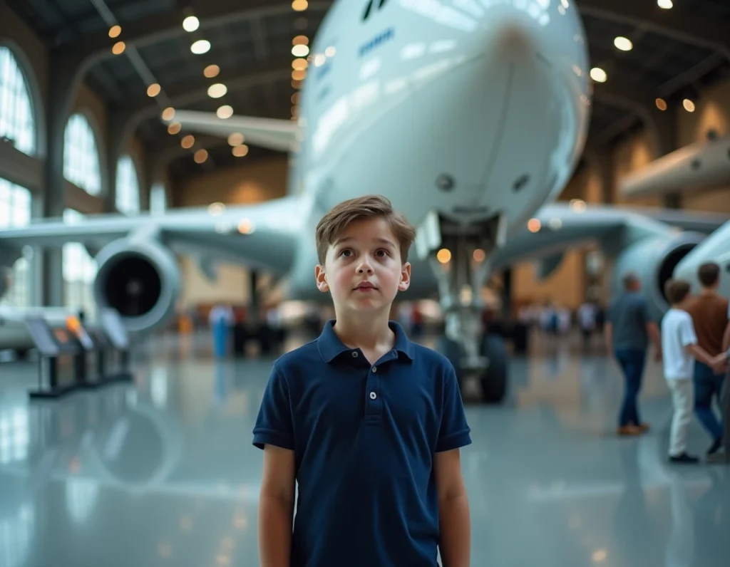 Enfant admirant un Airbus A380 grandeur nature au Musée Aeroscopia de Toulouse