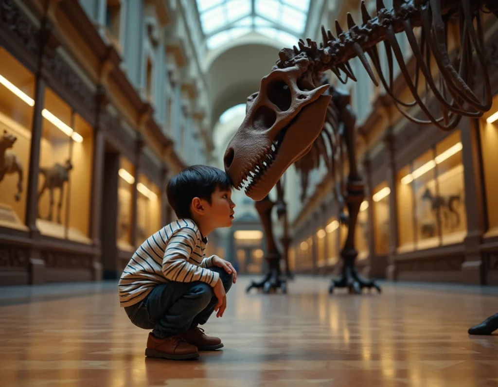 Enfant fasciné devant un squelette de dinosaure au Museum de Toulouse