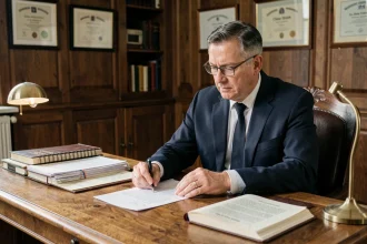 Notaire examinant un contrat lié à l'article 1832-2 du Code civil dans son étude