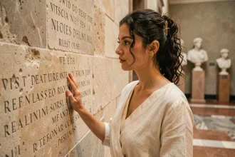 Jeune femme aux cheveux bouclés observant des inscriptions latines sur un mur en pierre dans un couloir de musée, évoquant les origines romaines du prénom Julia