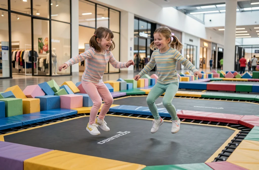Deux fillettes sautant sur un trampoline à Palomano Lille dans le centre commercial La Maillerie