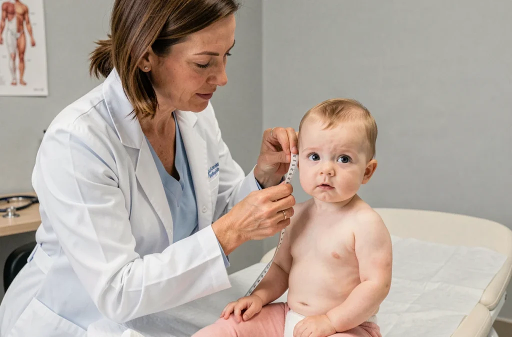 Pédiatre mesurant le périmètre crânien d'un bébé de 9 mois lors d'une consultation médicale