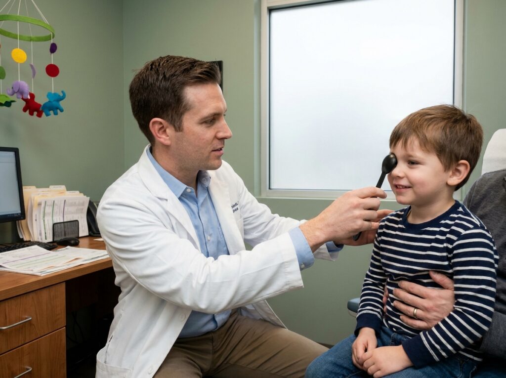 Pédiatre réalisant un test de dépistage de l'amblyopie sur un enfant de 5 ans avec cache-œil lors d'une consultation médicale