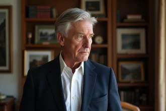 Portrait d'un homme élégant aux cheveux gris dans un appartement parisien chic, évoquant la figure paternelle d'une personnalité médiatique française