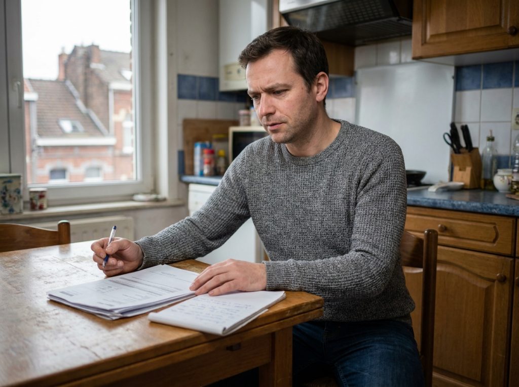 Père séparé consultant des documents juridiques sur la garde des enfants et la pension alimentaire dans un appartement à Liège