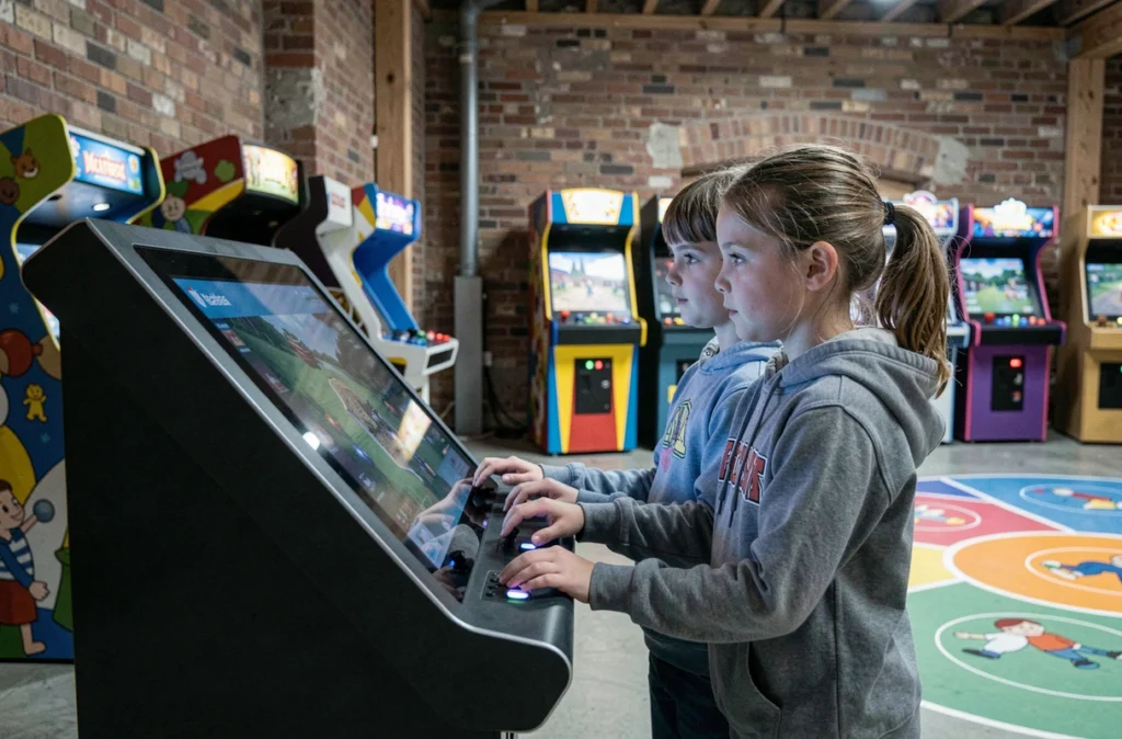 Enfants jouant sur des bornes interactives numériques au Picardia Games Park à Croixrault