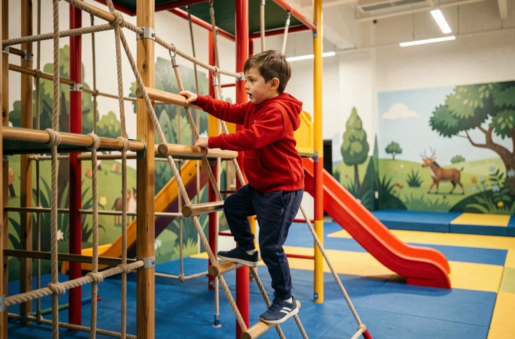 Enfant grimpant sur une structure de jeu colorée à Planet'Aire à Aire-sur-la-Lys