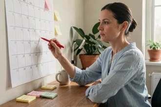 Femme planifiant ses congés sur un calendrier mural en dehors des vacances scolaires zone B 2026