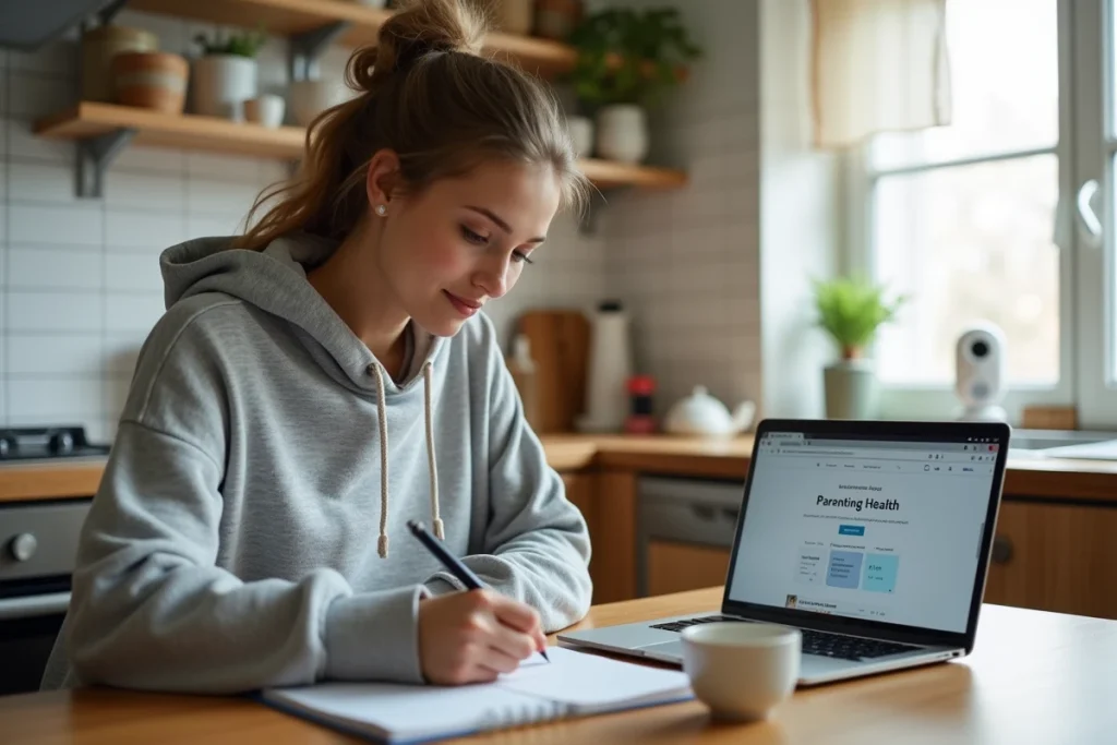 Jeune mère préparant une liste de questions pour le pédiatre sur un carnet à la table de cuisine
