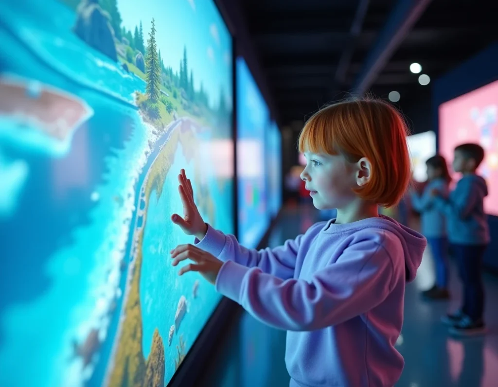 Fillette interagissant avec un écran scientifique tactile au Quai des Petits du Quai des Savoirs à Toulouse