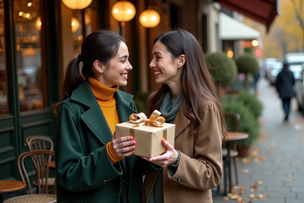 Deux amies partageant un moment d'émotion lors de la remise d'un cadeau emballé en terrasse de café en automne, avec une expression sincère de gratitude