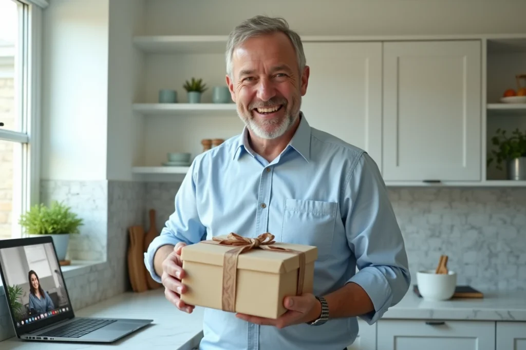 Homme remerciant chaleureusement par appel vidéo pour un cadeau livre reçu, dans une cuisine moderne avec ordinateur portable sur le comptoir