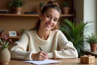 Femme souriante écrivant une carte de remerciements manuscrite pour un cadeau reçu, assise à un bureau en bois rustique avec un cadeau emballé à côté