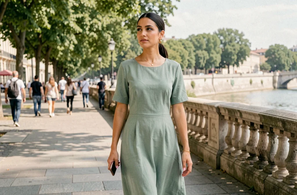 Femme élégante se promenant au bord de la Seine, représentant le quotidien discret d'une personnalité médiatique comme Rym Ben Ameur en couple