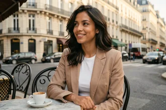Jeune femme d'origine nord-africaine souriante en terrasse de café parisien, illustrant un article sur la vie personnelle de Rym Ben Ameur en 2026