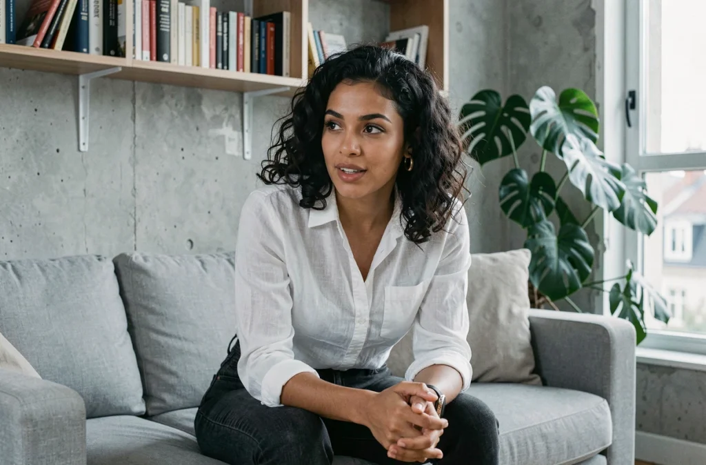Femme assise dans un appartement parisien moderne, évoquant l'intimité et la vie de couple d'une personnalité publique comme Rym Ben Ameur