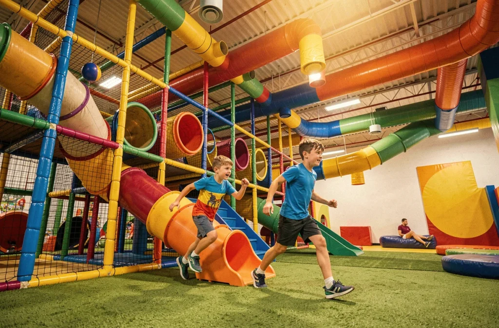 Deux garçons jouant dans la grande structure de jeux indoor de Star Fun à Seclin