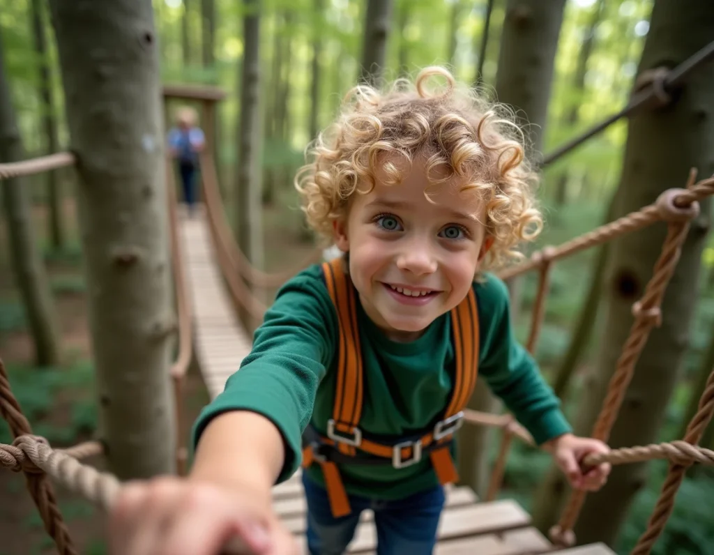 Enfant en harnais traversant un pont de corde dans le parc accrobranche Tépacap de Toulouse