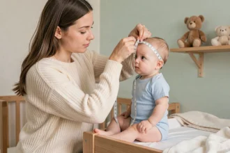 Mère mesurant le tour de tête de son bébé de 9 mois avec un mètre ruban dans une chambre de bébé cosy