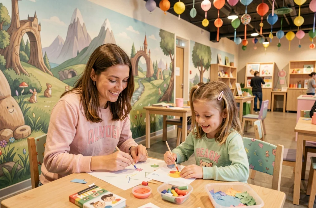Mère et fille participant à une activité créative dans l'espace familial Tout un Monde à Amiens