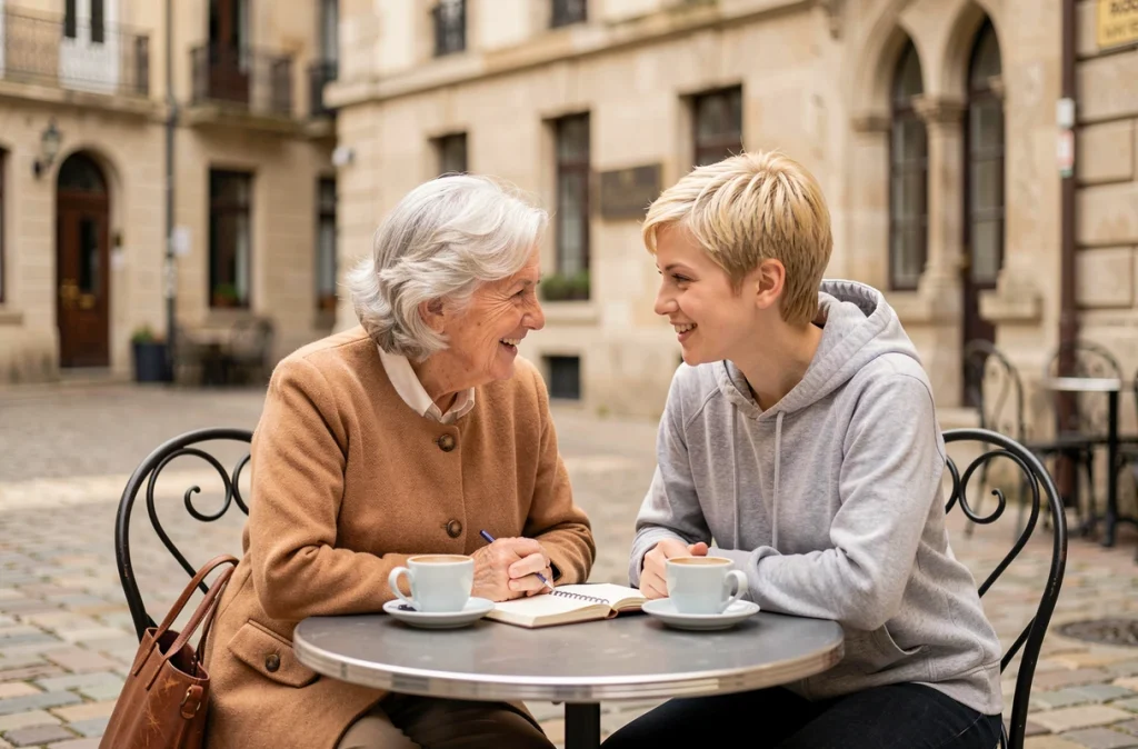 Deux femmes de générations différentes discutant autour d'un café en terrasse dans une place européenne pavée, symbolisant la transmission et l'évolution moderne du prénom Julia