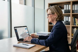 Tutrice professionnelle consultant un tableau de bord bancaire sur ordinateur portable dans le cadre d'une curatelle renforcée