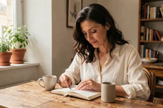 Femme dans la quarantaine feuilletant un journal intime dans un appartement parisien chaleureux, illustrant la vie privée et familiale