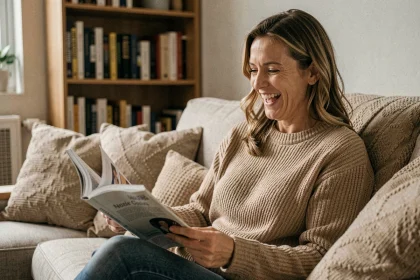Femme souriante lisant un magazine dans un salon chaleureux, illustrant le respect de la vie privée des personnalités publiques