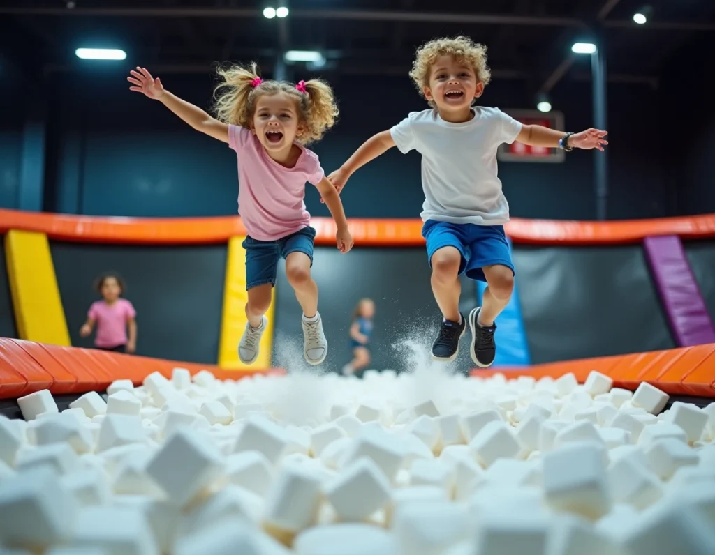 Deux enfants sautant dans une fosse à mousse dans le parc de trampolines Wim à Toulouse
